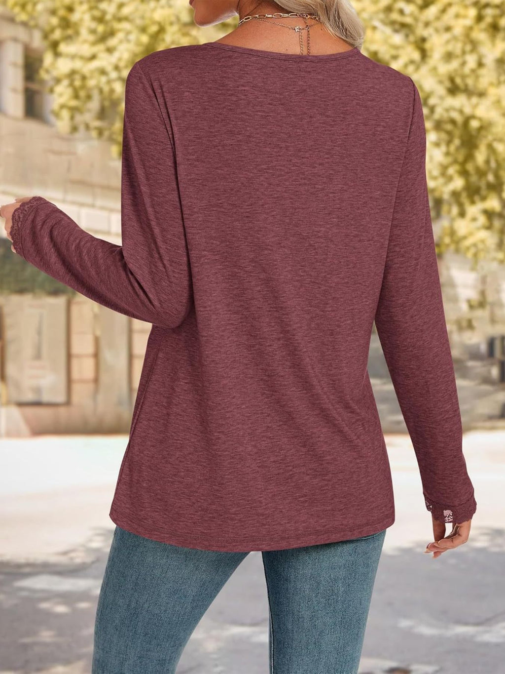 Lace Trim V-neck Long Sleeve T-shirt (6)