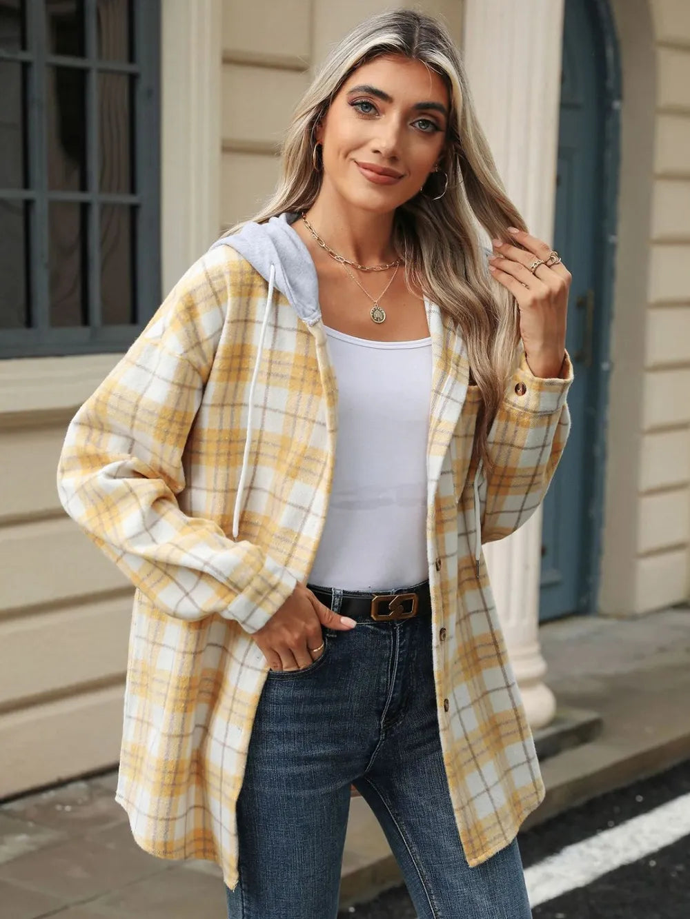 Drawstring Plaid Button Up Hooded Jacket (8)