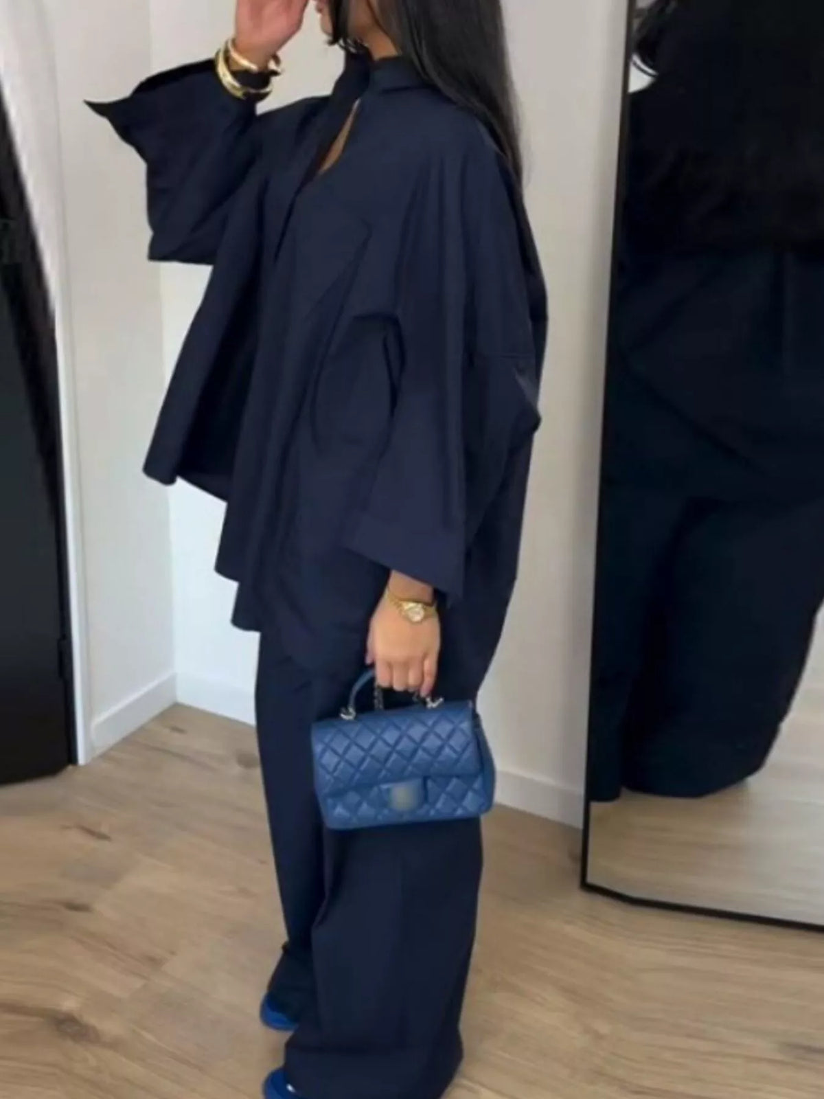 Button-down Shirt Wide-leg Pants Two-piece Set (2)