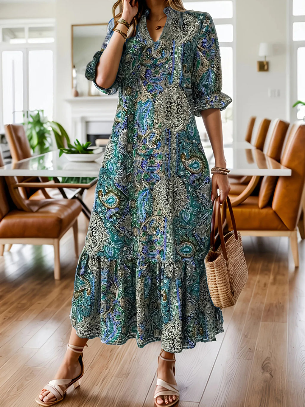 Full Size Bohemian Paisley Print Ruffle Hem Midi Dress Plus
