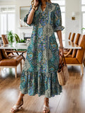 Full Size Bohemian Paisley Print Ruffle Hem Midi Dress Plus