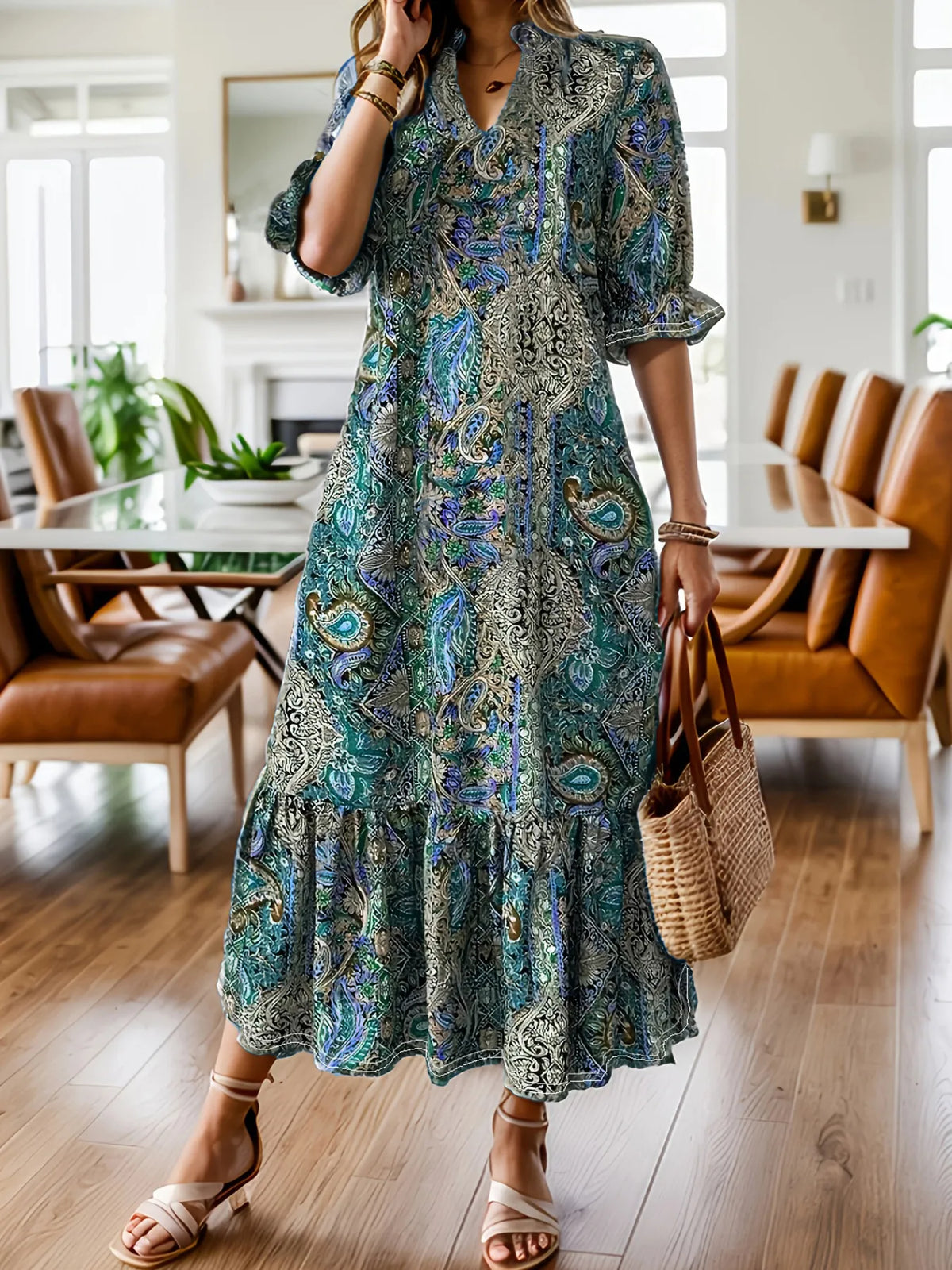 Full Size Bohemian Paisley Print Ruffle Hem Midi Dress Plus