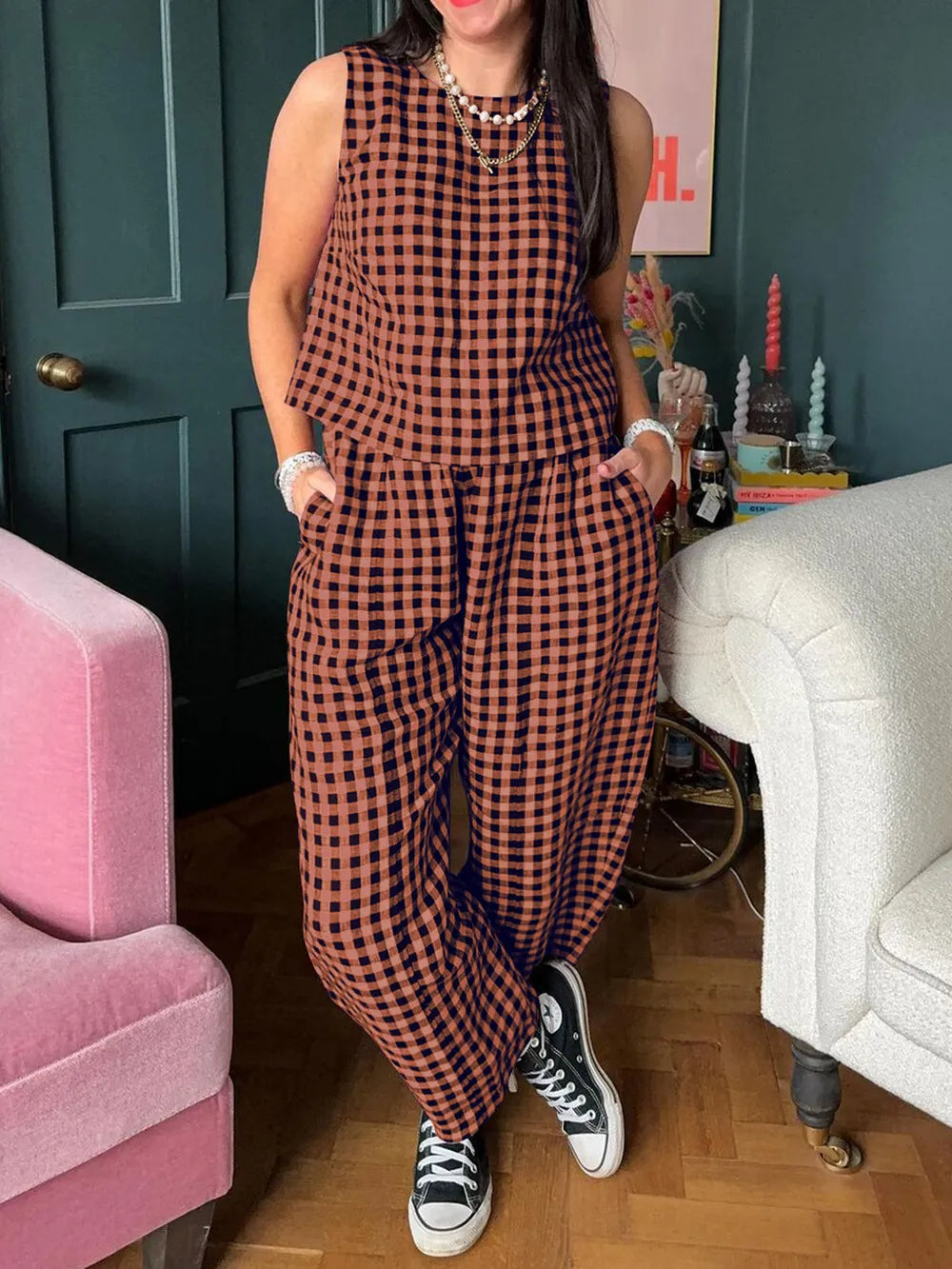 Plaid Round Neck Sleeveless Top Pants Set