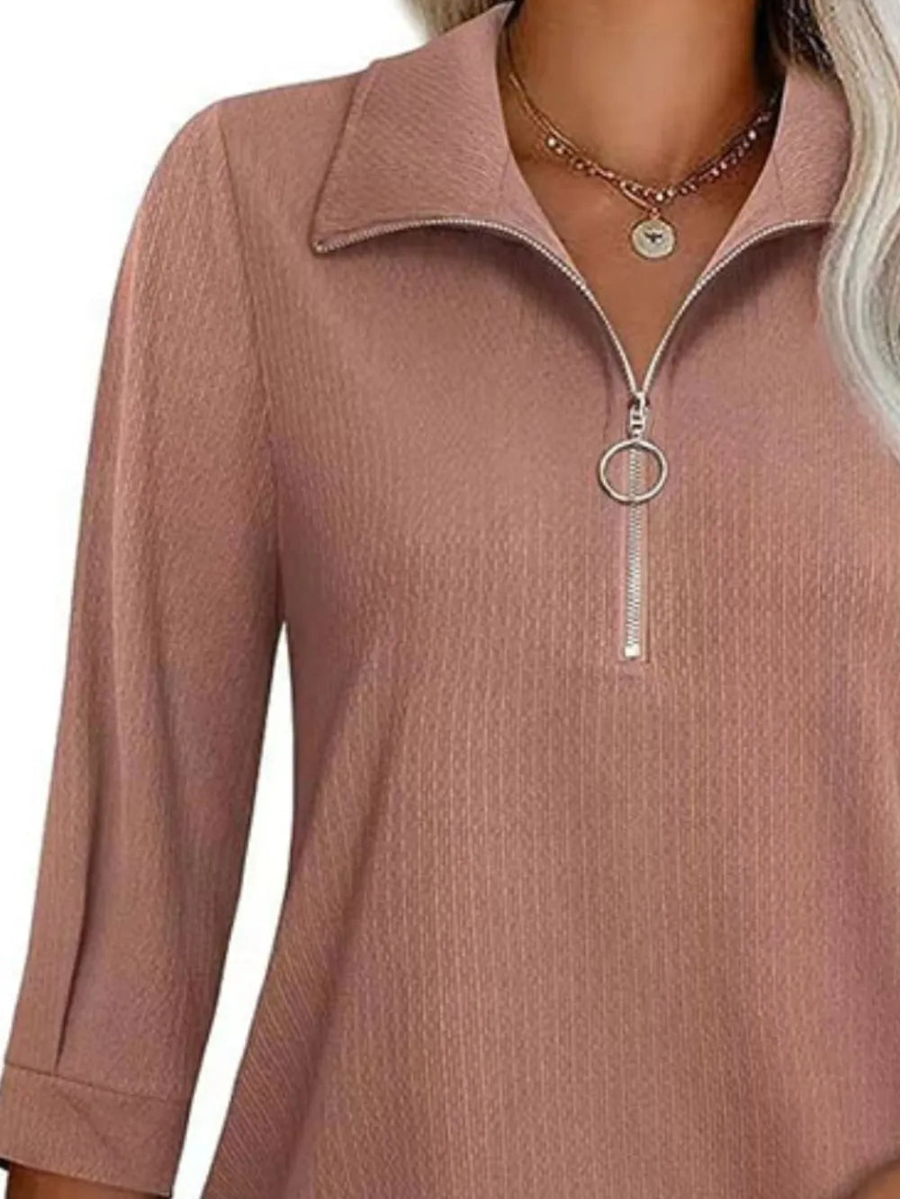 Half Zip Collared Neck Three-quarter Sleeve T-shirt (9)