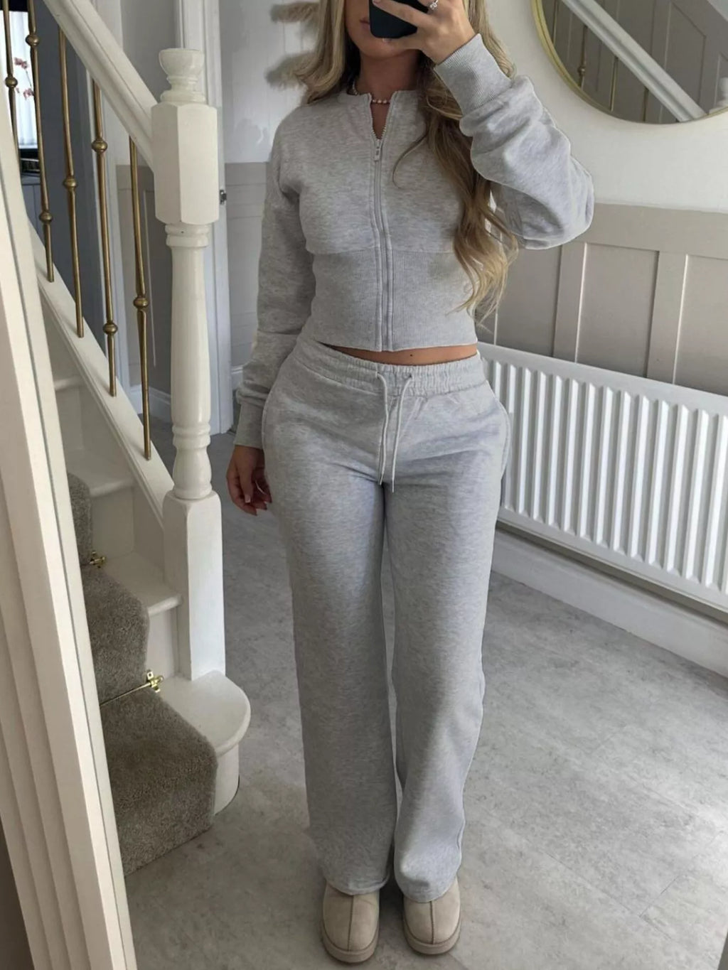 Zip-up Crop Hoodie High-waisted Pants Set (17)