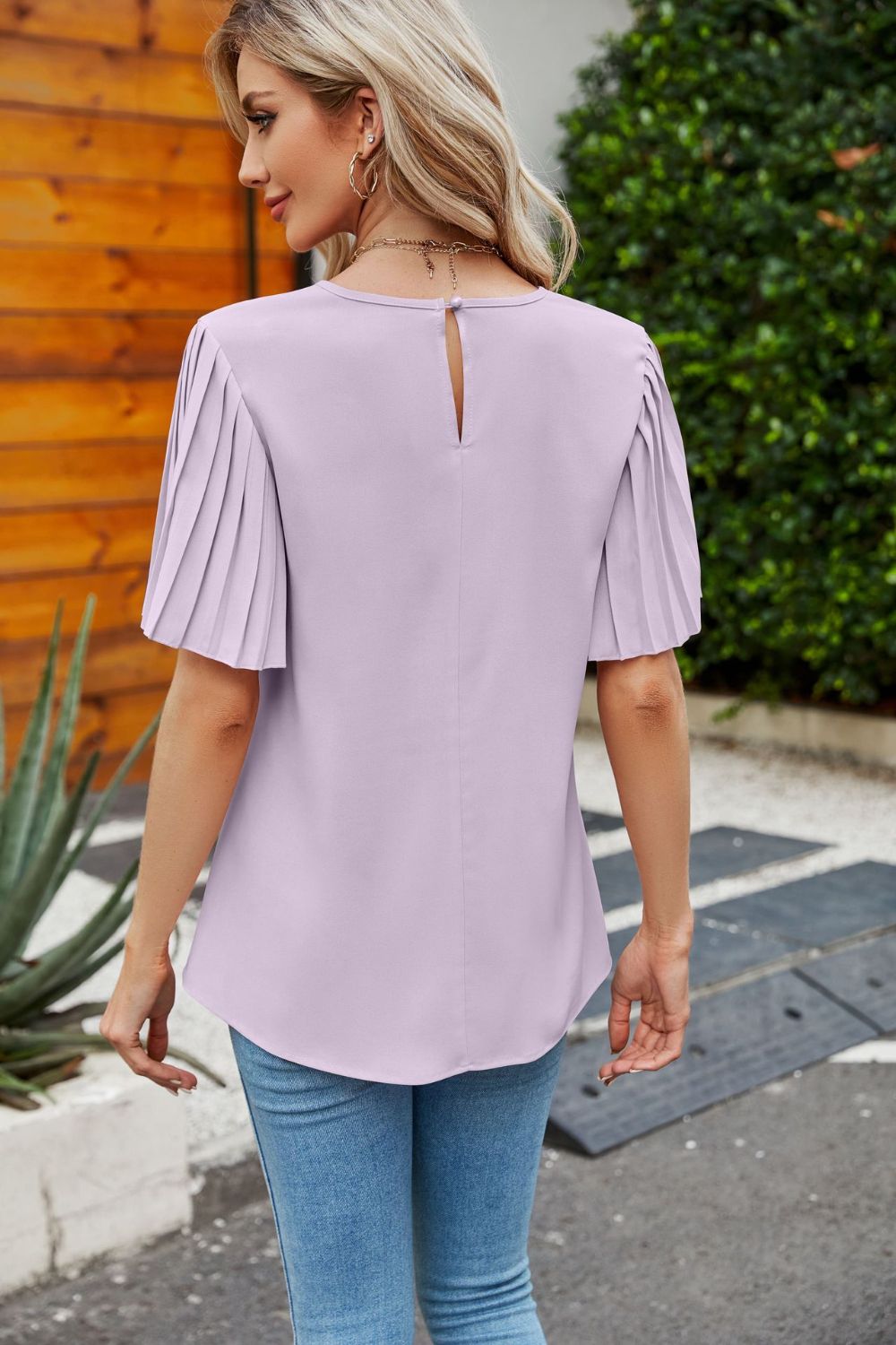Pleated Flutter Sleeve Round Neck Blouse (20)