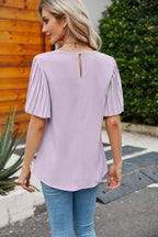 Pleated Flutter Sleeve Round Neck Blouse (20)