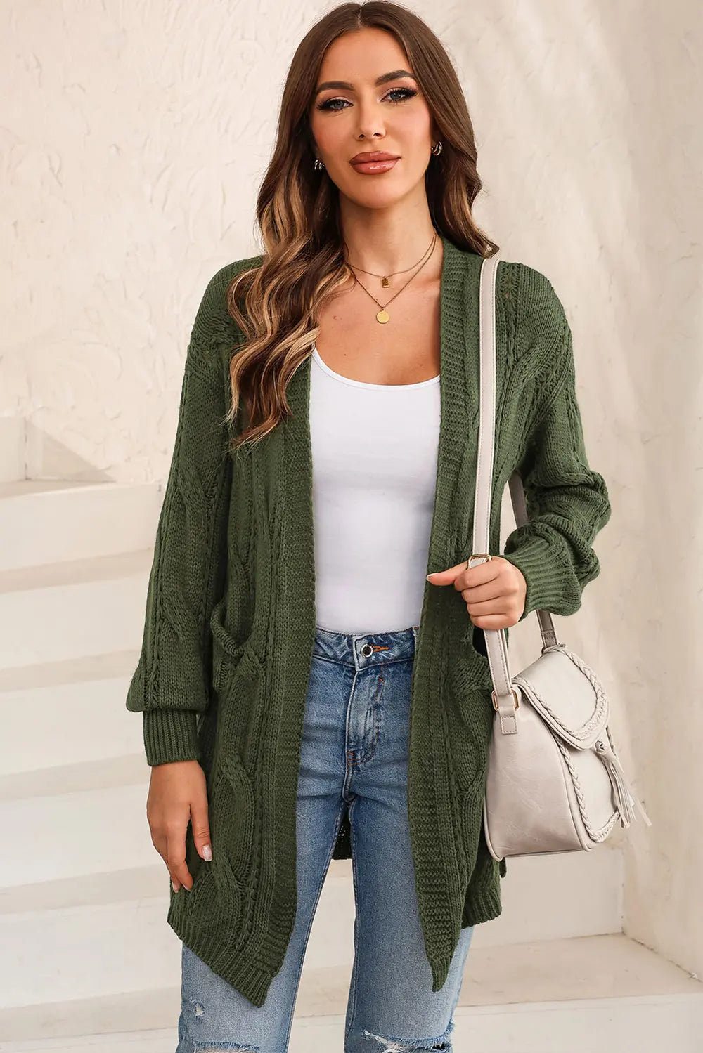 Cable-knit Dropped Shoulder Slit Cardigan (19)