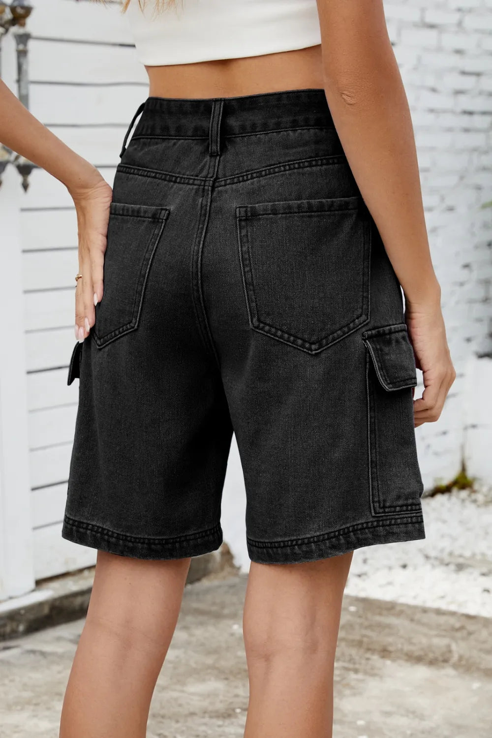 High Rise Denim Shorts Cargo Pockets (16)