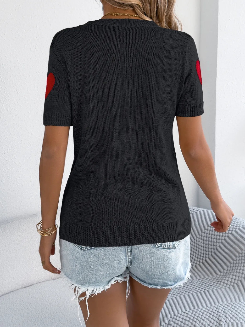 Heart Round Neck Short Sleeve Knit Top (12)