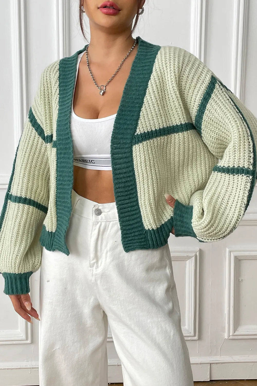 Contrast Open Front Long Sleeve Cardigan (4)