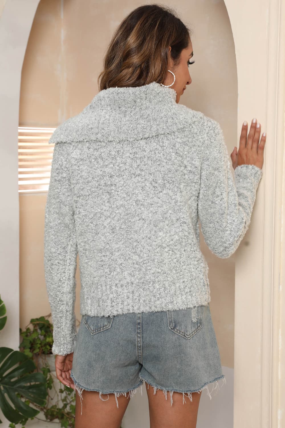Asymmetrical Neck Long Sleeve Pullover Sweater (3)