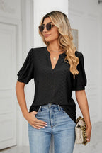 Eyelet Short Puff Sleeve Notched Neck Top (9)