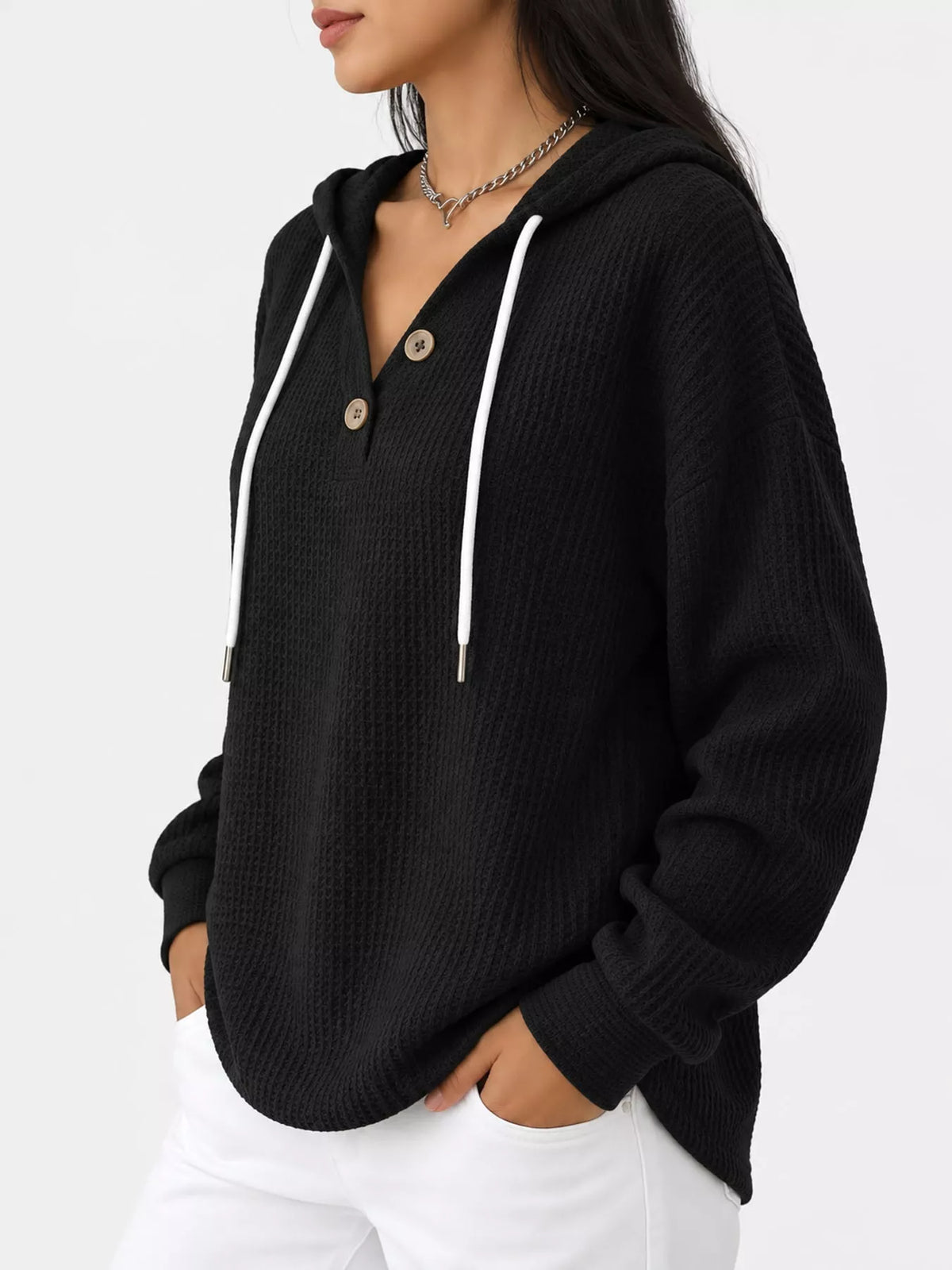 Full Size Waffle Knit Button Detail Hoodie Plus (21)