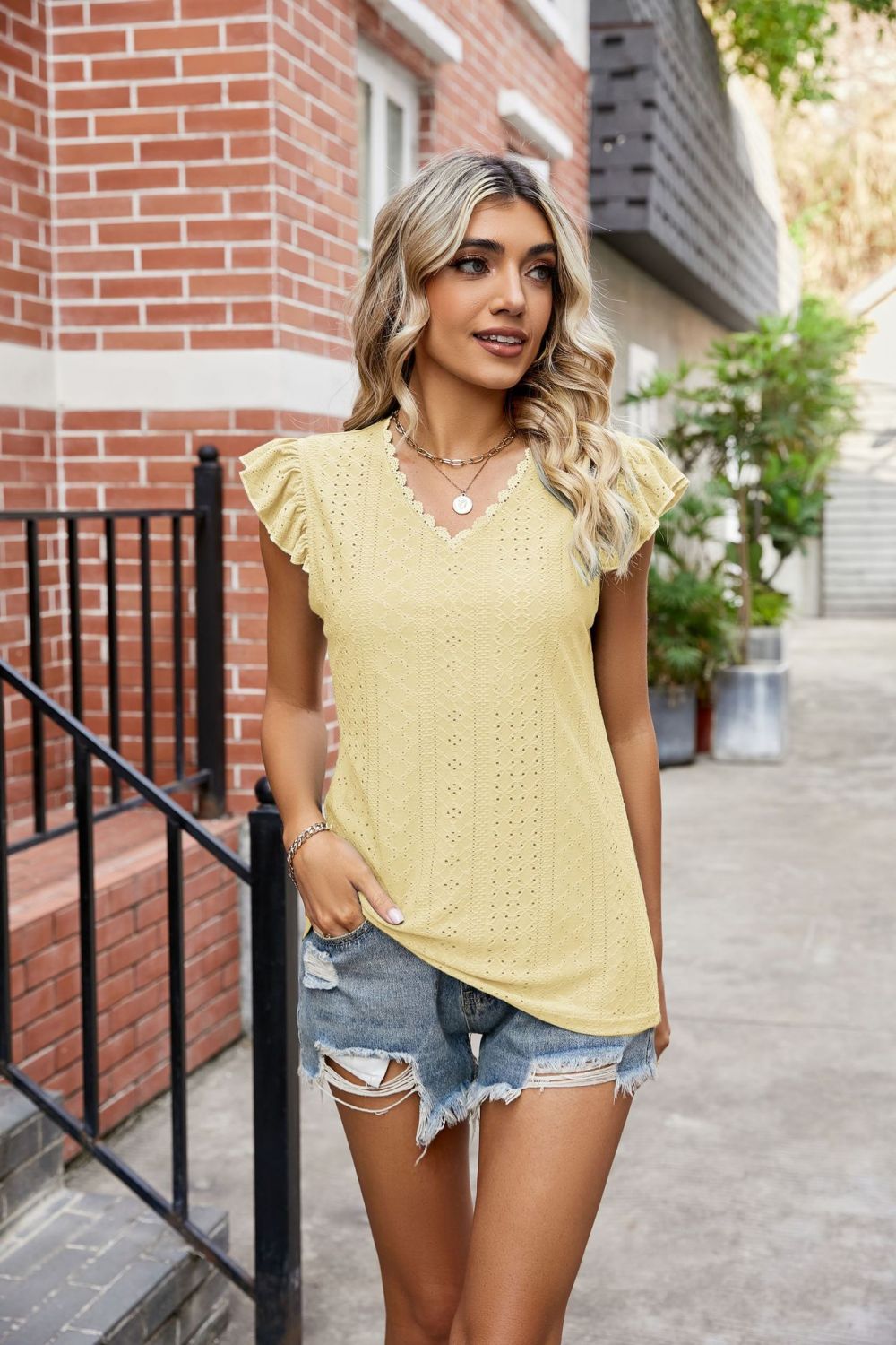 Eyelet Flutter Sleeve Scalloped V-neck Top (11)