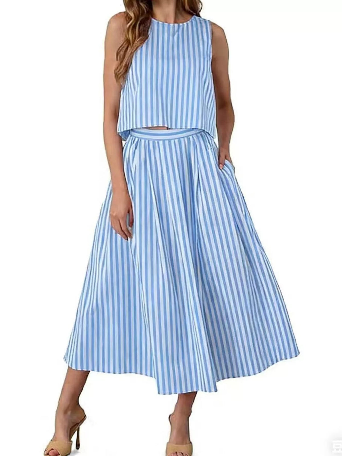 Striped Sleeveless Top Midi Skirt Two-piece Set (10)
