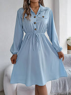 Collared Neck Long Sleeve Dress Pockets