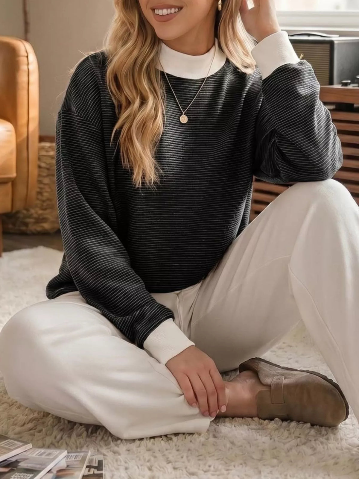Casual Mock Neck Striped Long Sleeve T-shirt (9)
