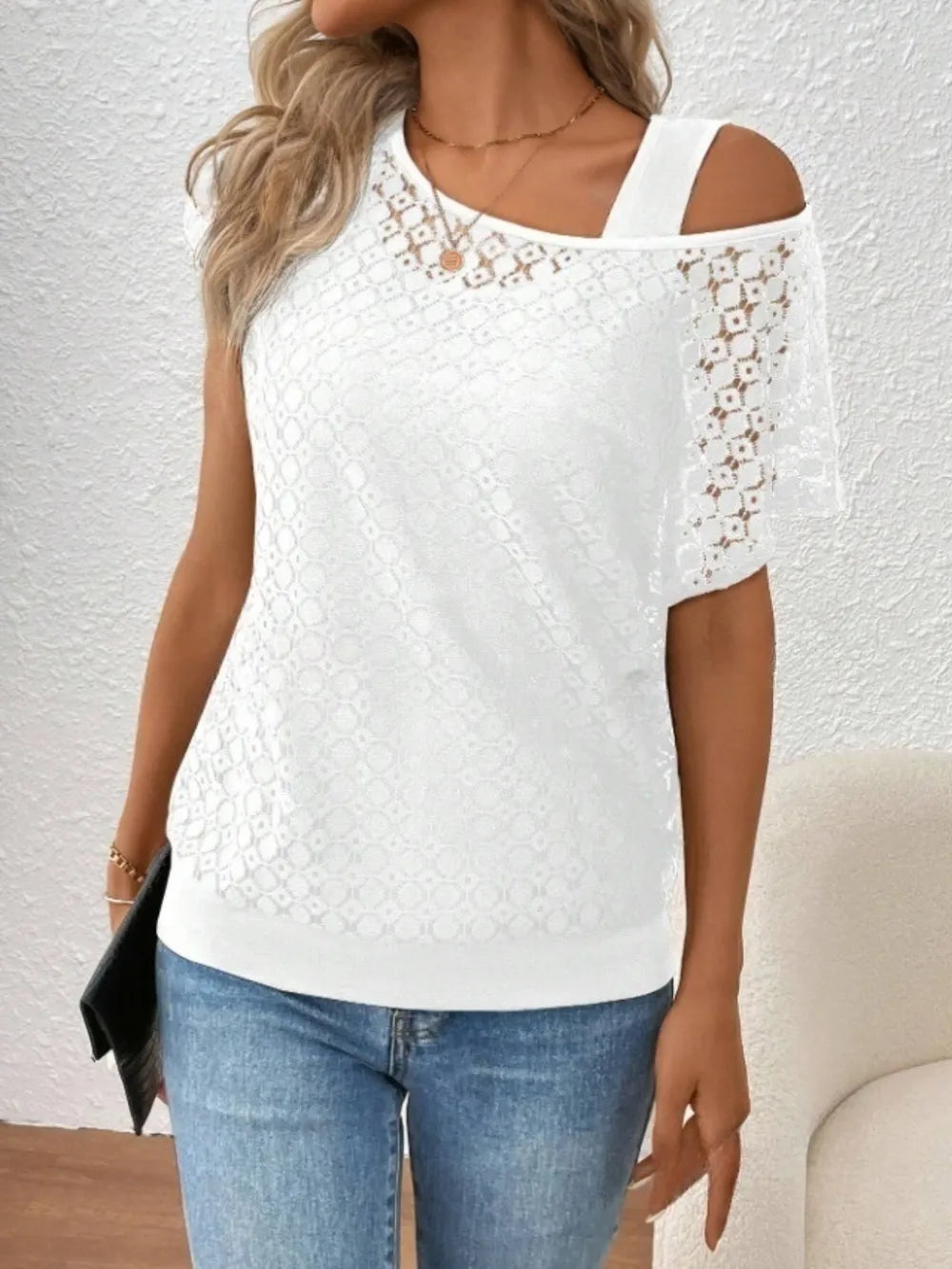 Lace Short Sleeve Fake Two Piece T-shirt (10)