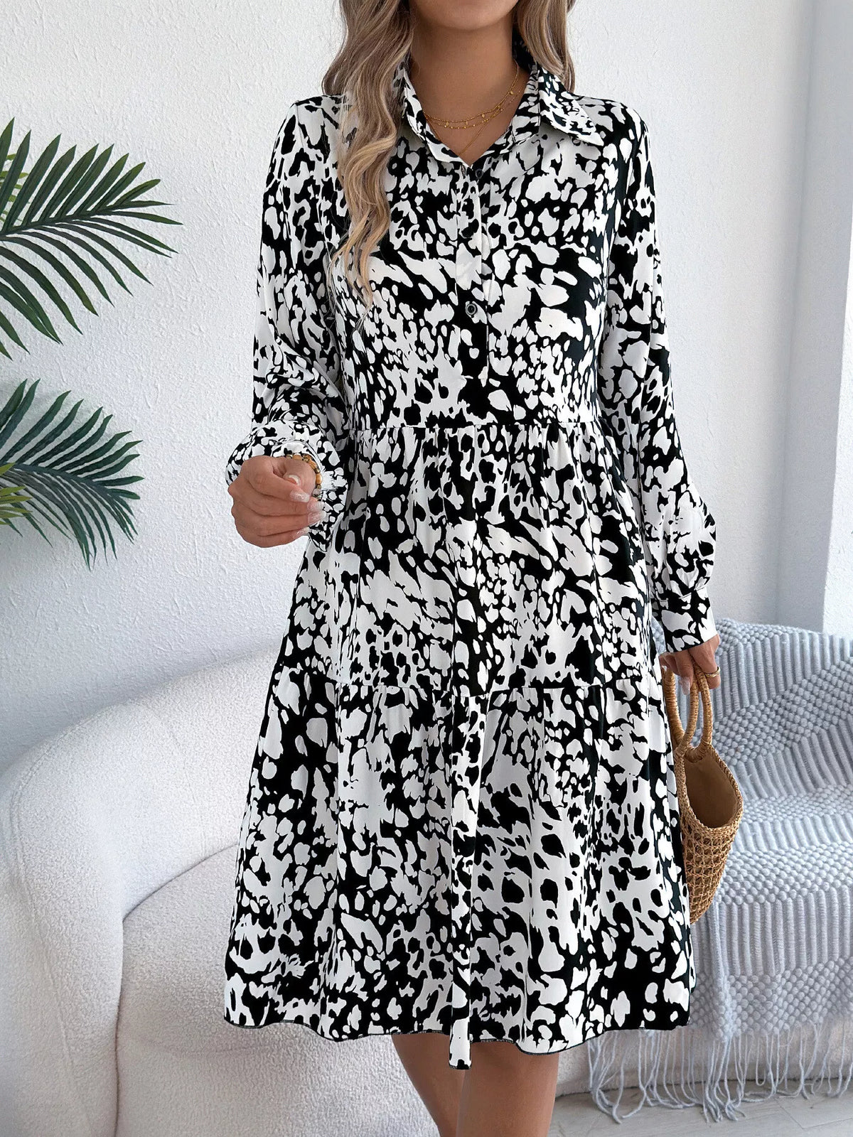 Printed Collared Neck Long Sleeve Dress (18)