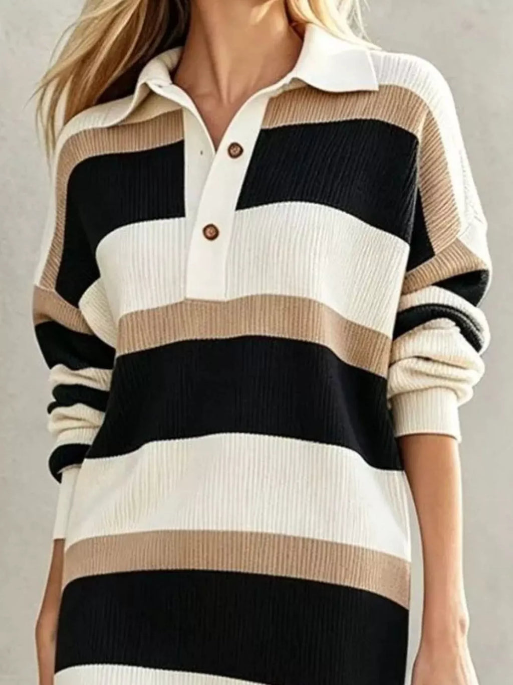 Striped Polo Collar Long Sleeve Sweater Dress (4)