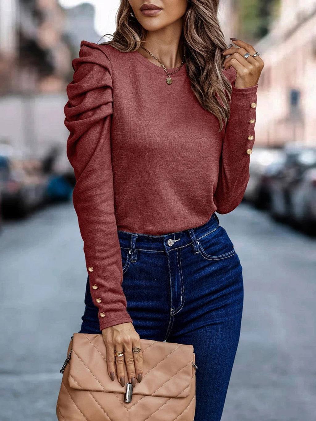Decorative Button Puff Sleeve T-shirt