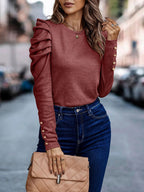 Decorative Button Puff Sleeve T-shirt