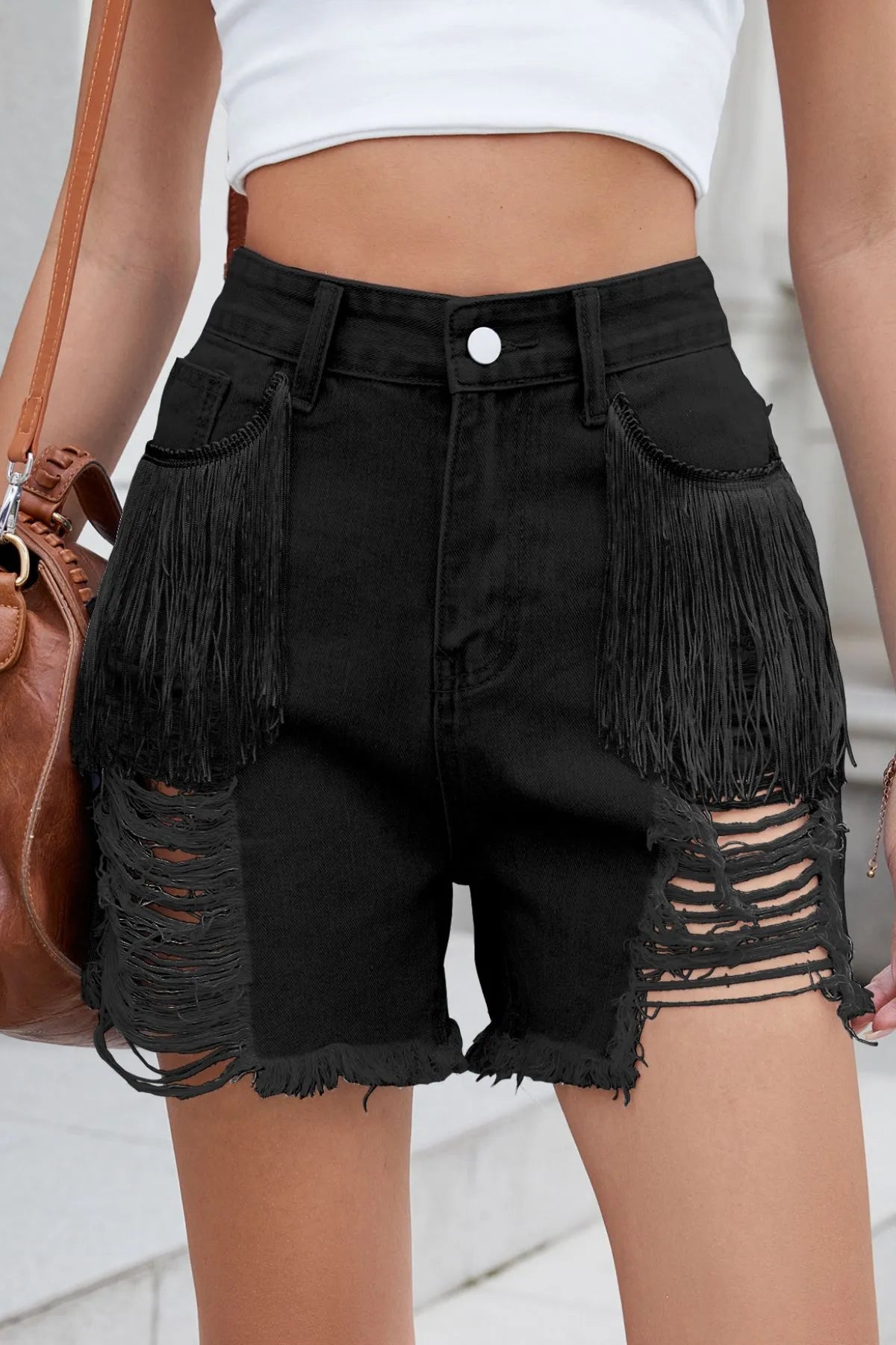 Distressed Fringe Denim Shorts (7)
