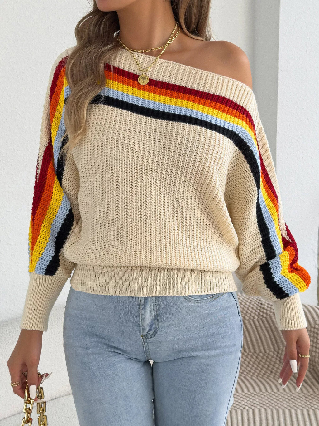 Striped Knit Boat Neck Sweater