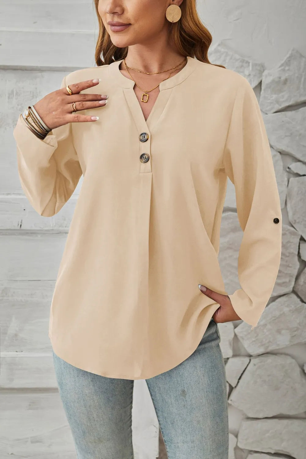 Decorative Button Notched Long Sleeve Blouse (8)