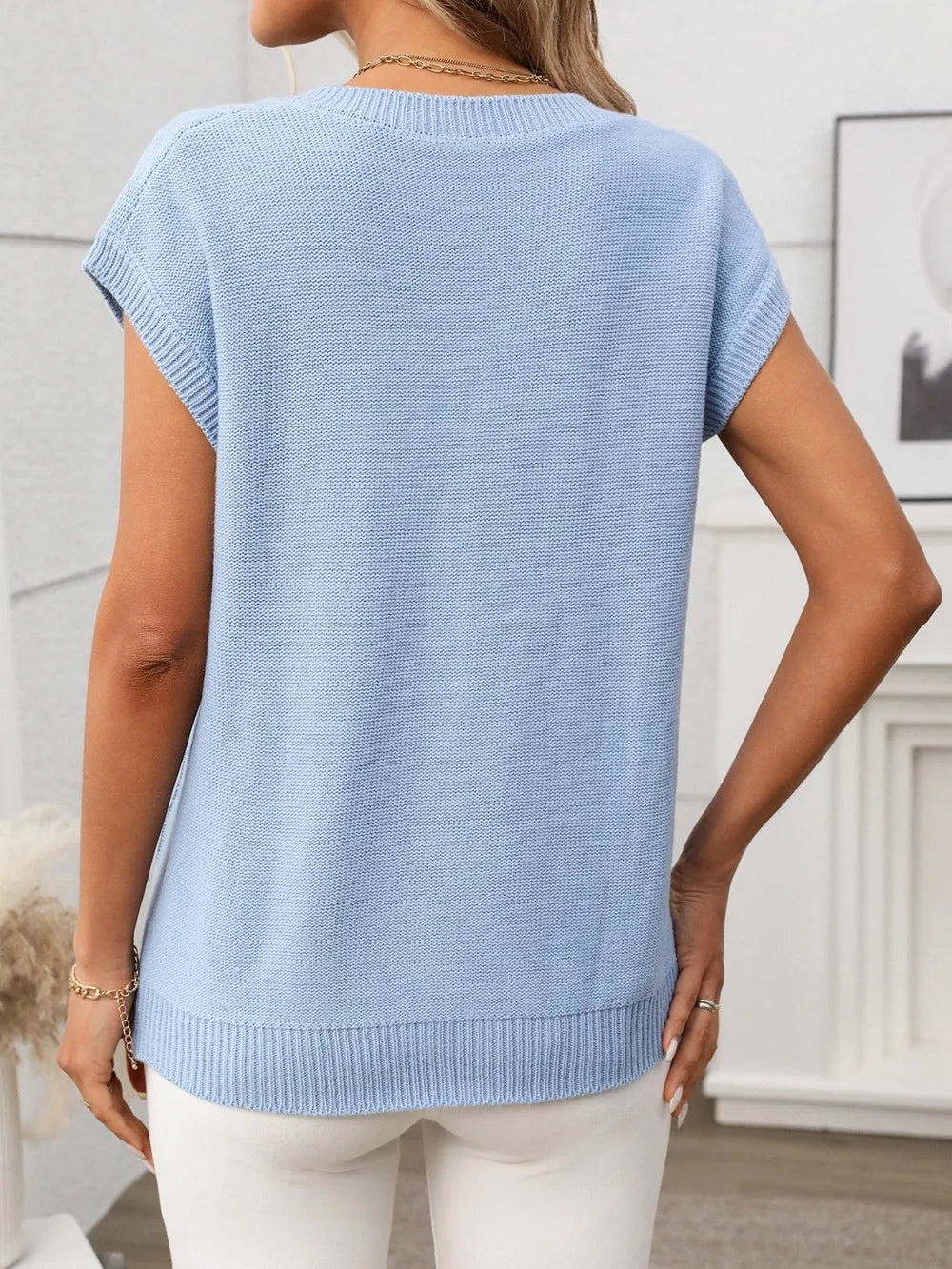 Cable-knit V-neck Short Sleeve Knit Top (22)