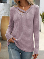Ribbed V-neck Long Sleeve T-shirt (15)
