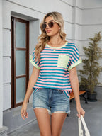 Striped Round Neck Short Sleeve T-shirt (30)