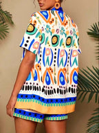 Printed Open Front Cardigan Shorts Set (8)