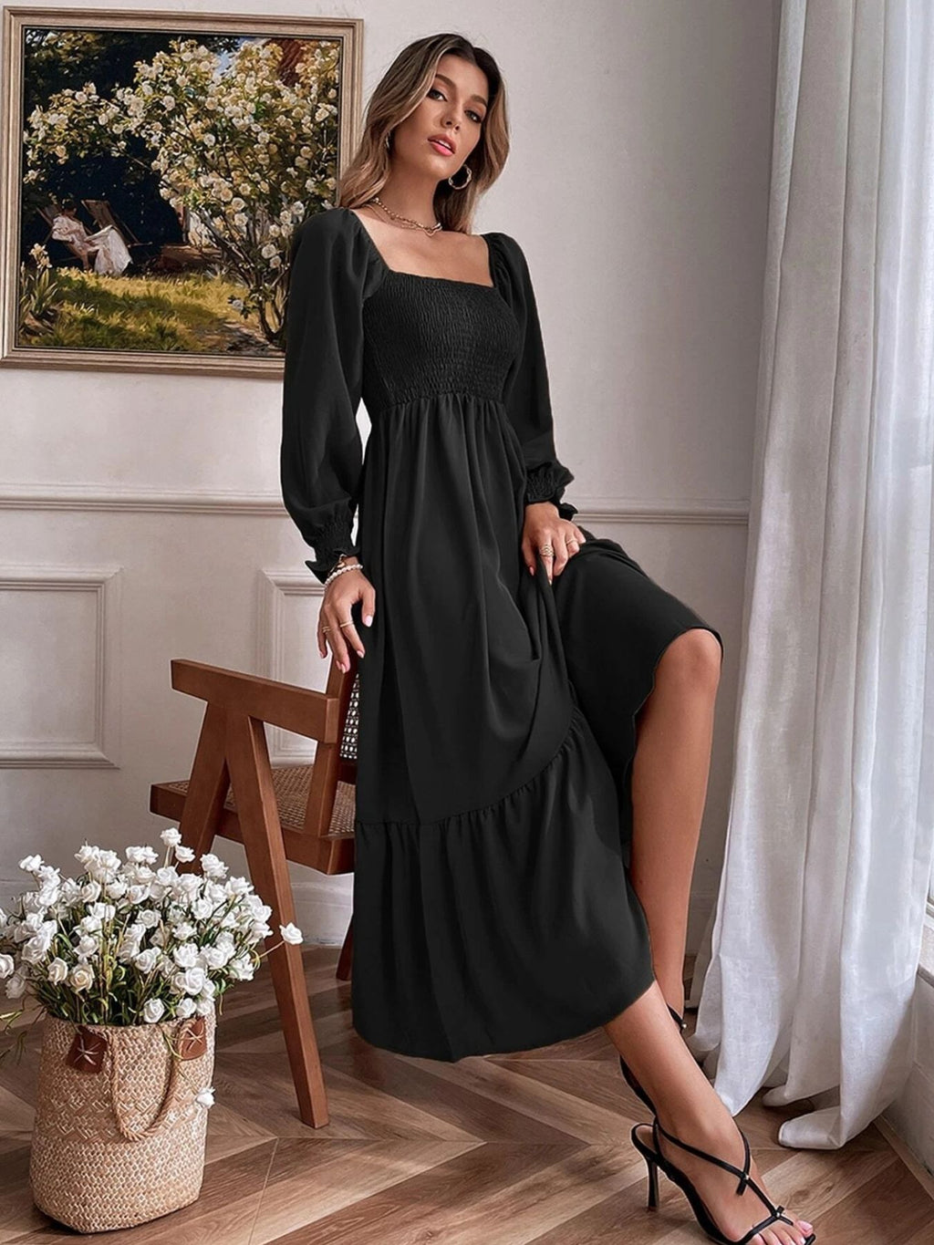 Smocked Long Sleeve Midi Dress (3)
