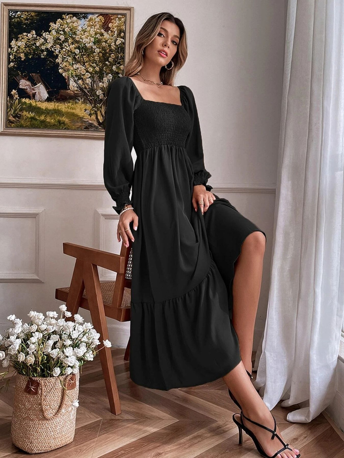 Smocked Long Sleeve Midi Dress (3)