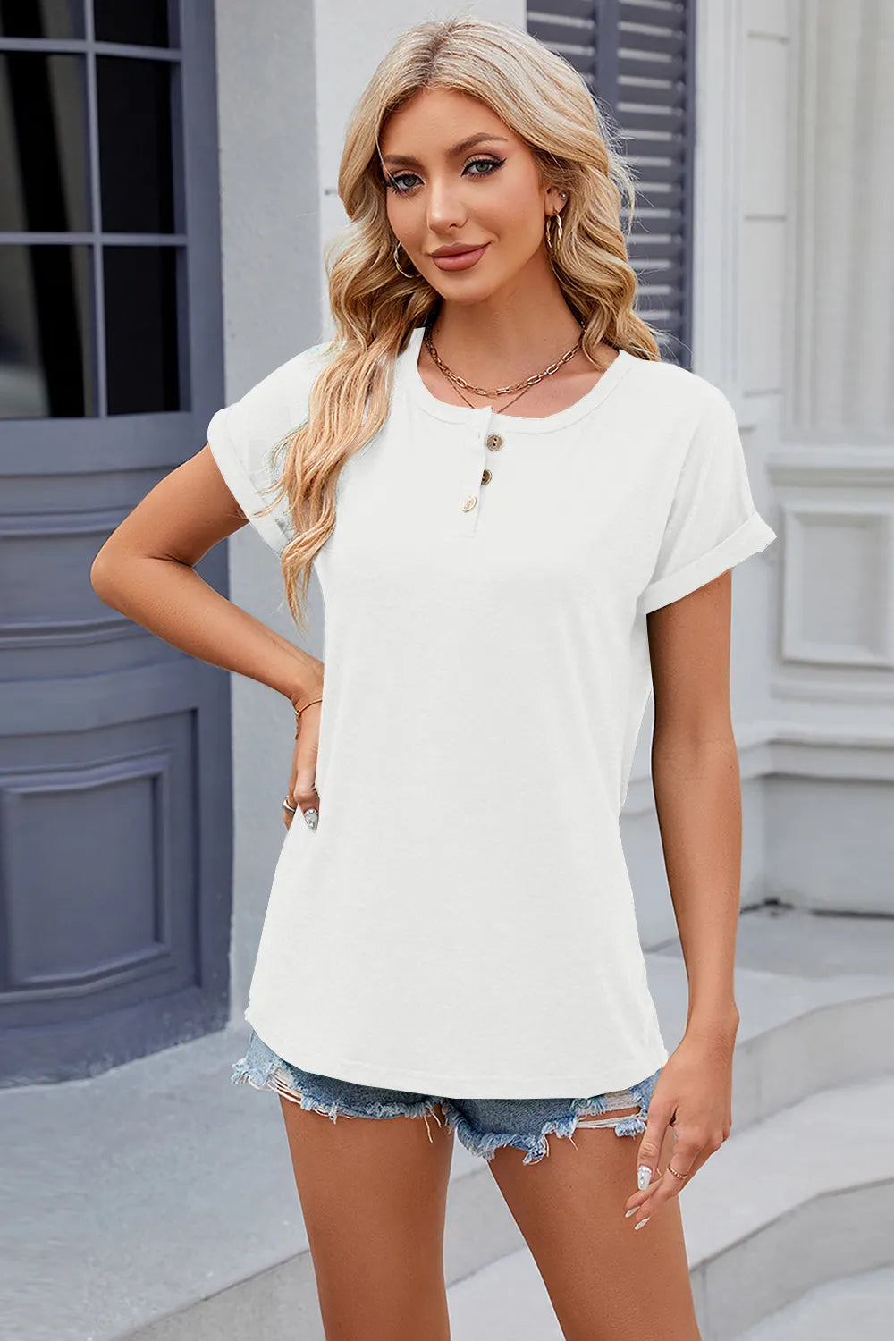 Round Neck Rolled Short Sleeve T-shirt (15)