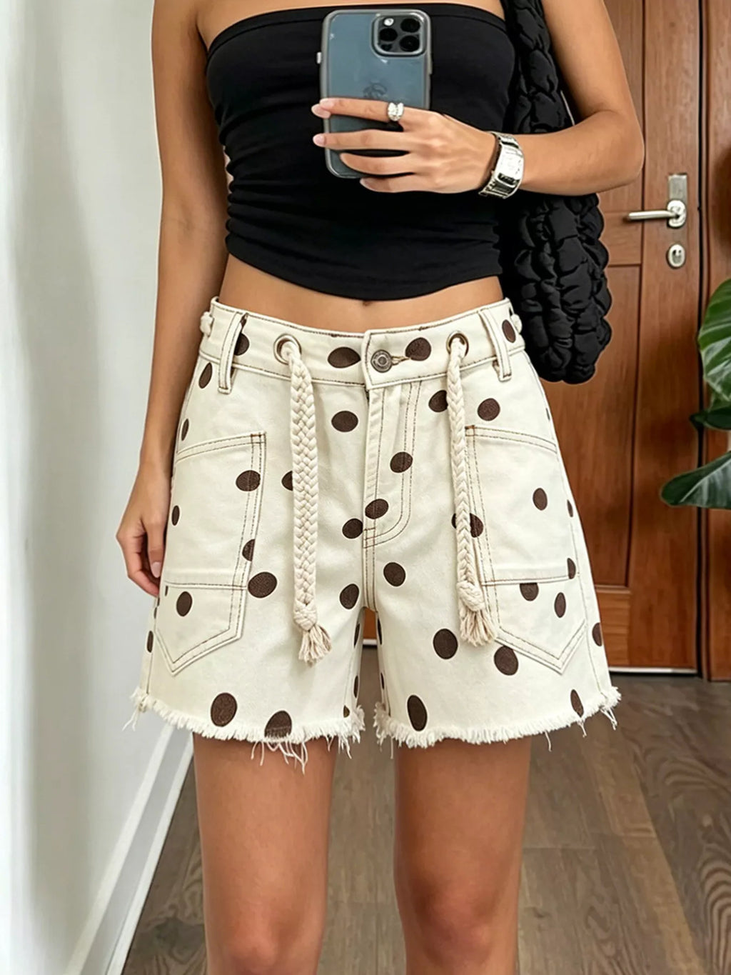 Polka Dot Denim Shorts Braided Drawstring