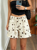 Polka Dot Denim Shorts Braided Drawstring