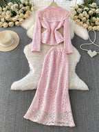 Lace Button Up Top Skirt Set (2)