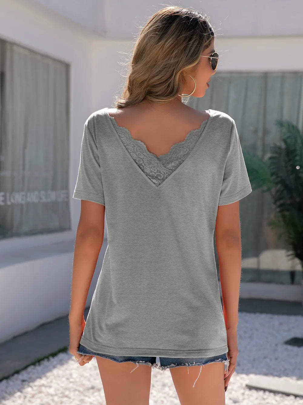 Lace Detail V-neck Short Sleeve T-shirt (4)