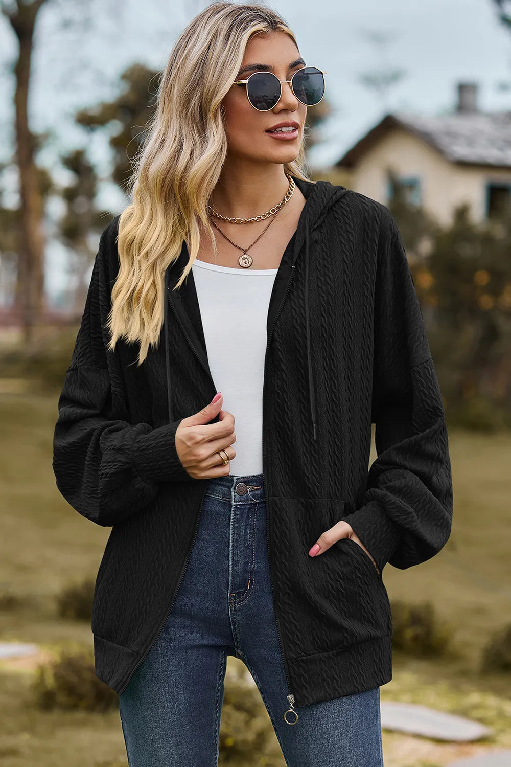 Drawstring Zip Up Dropped Shoulder Hoodie (14)