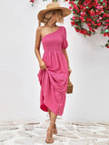 Smocked One-shoulder Midi Dress