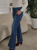 Striped Button Fly Flare Jeans (5)