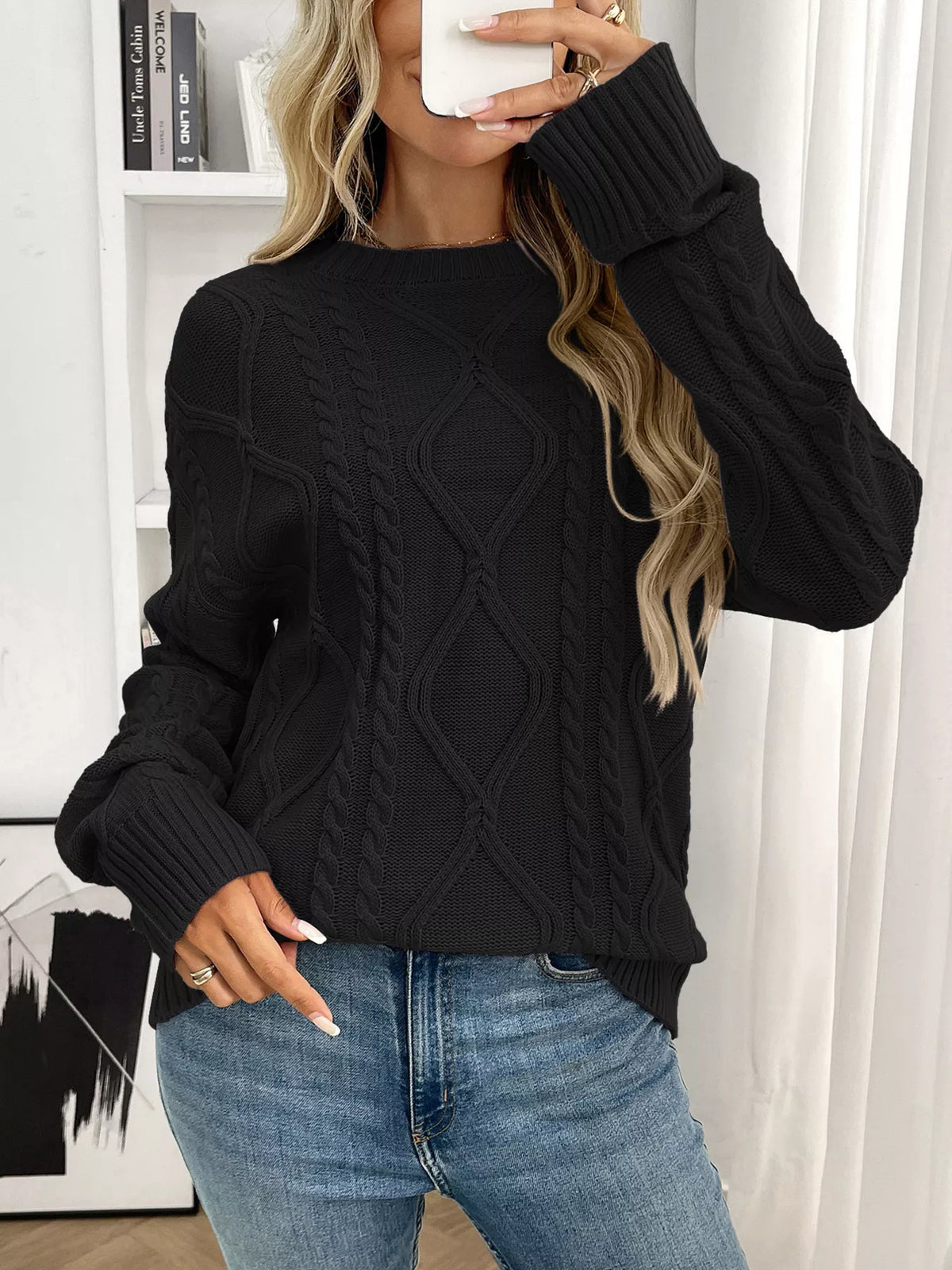 Cable Knit Round Neck Long Sleeve Sweater (12)