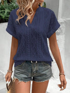 Openwork Notched Short Sleeve Blouse (14)