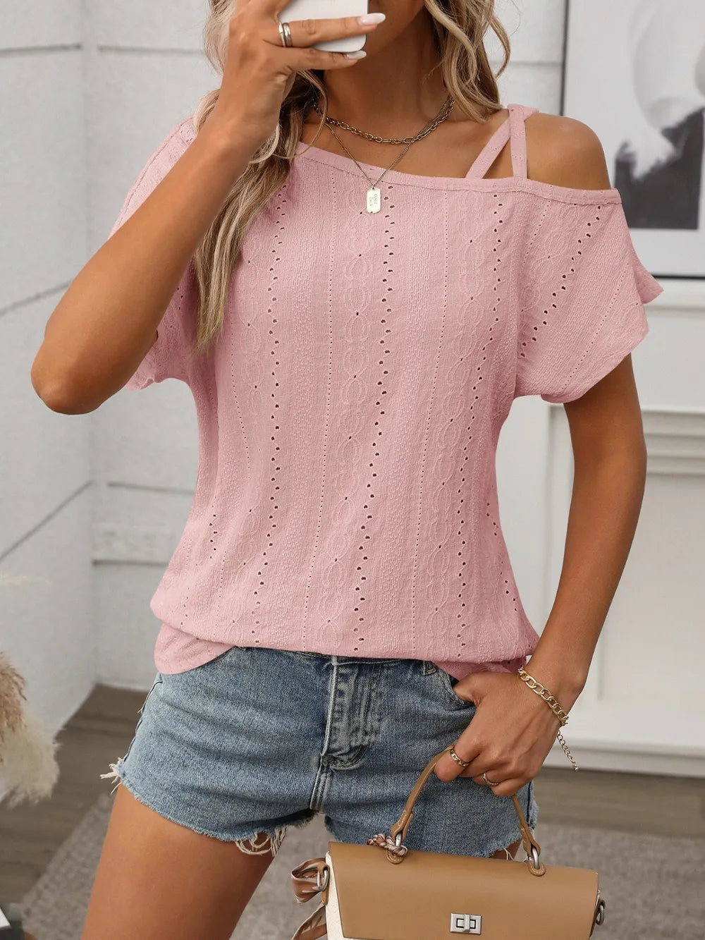 Eyelet Asymmetrical Shoulder Short Sleeve T-shirt (18)