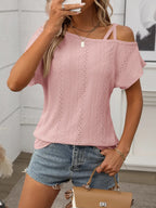 Eyelet Asymmetrical Shoulder Short Sleeve T-shirt (18)