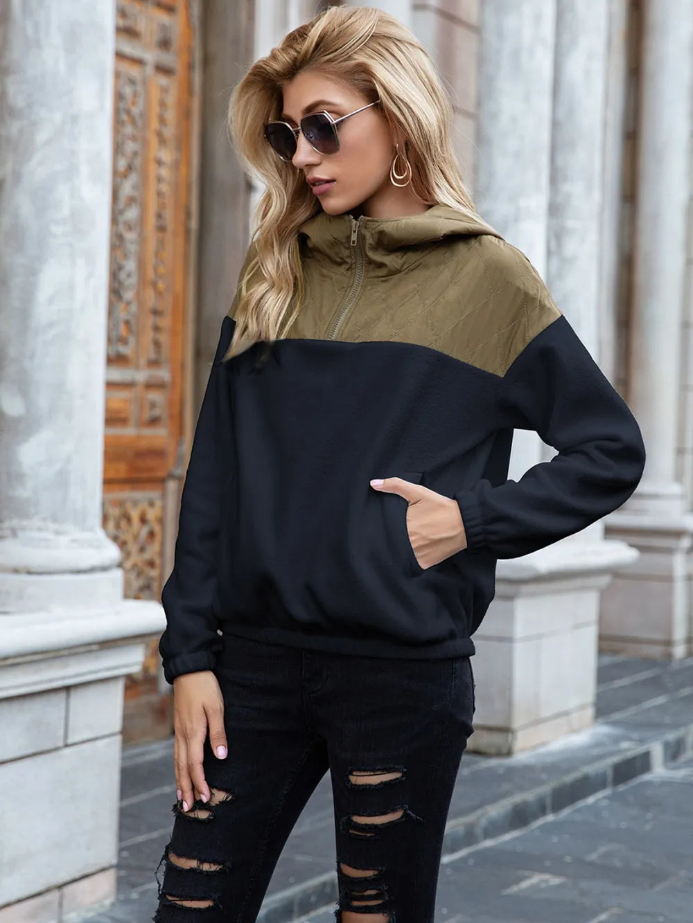 Pocketed Block Quarter Zip Hoodie (8)