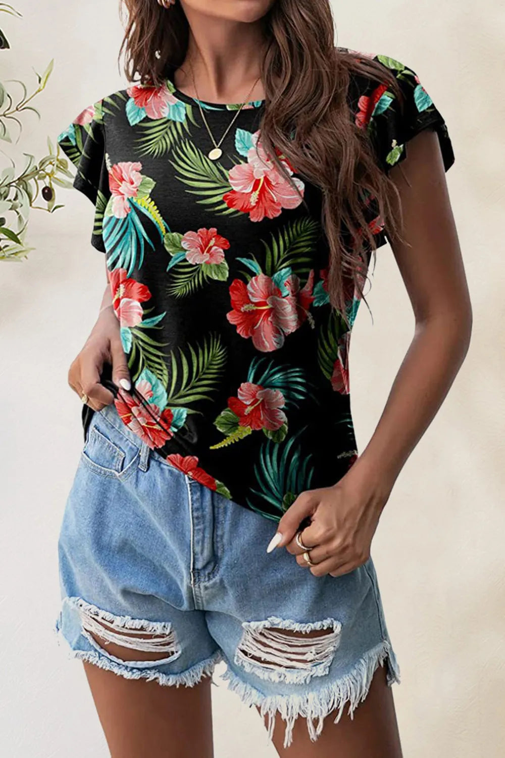 Printed Round Neck Short Sleeve T-shirt (17)